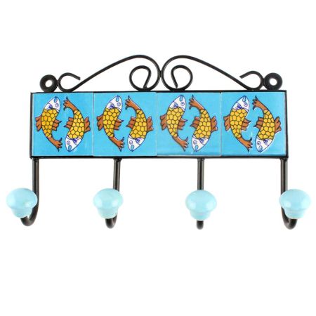 Turquoise Fish Ceramic Floral Tile Hook